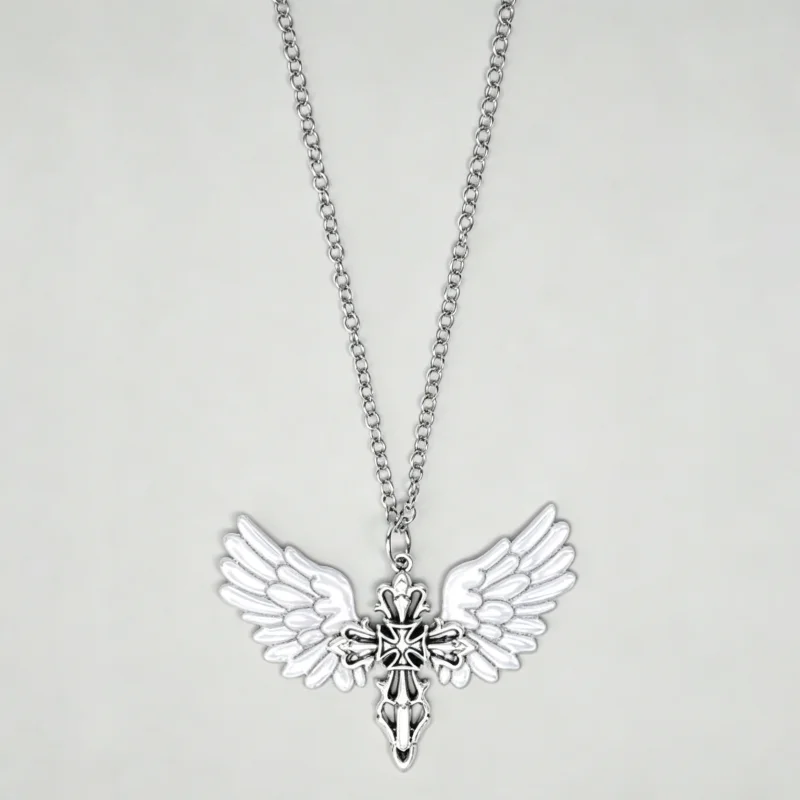 4Pcs Gothic Wing Cross Pendant Necklace Set, Silver Chain Black and White Angel Wing Cross Necklace, Dark Aesthetic Jewelry