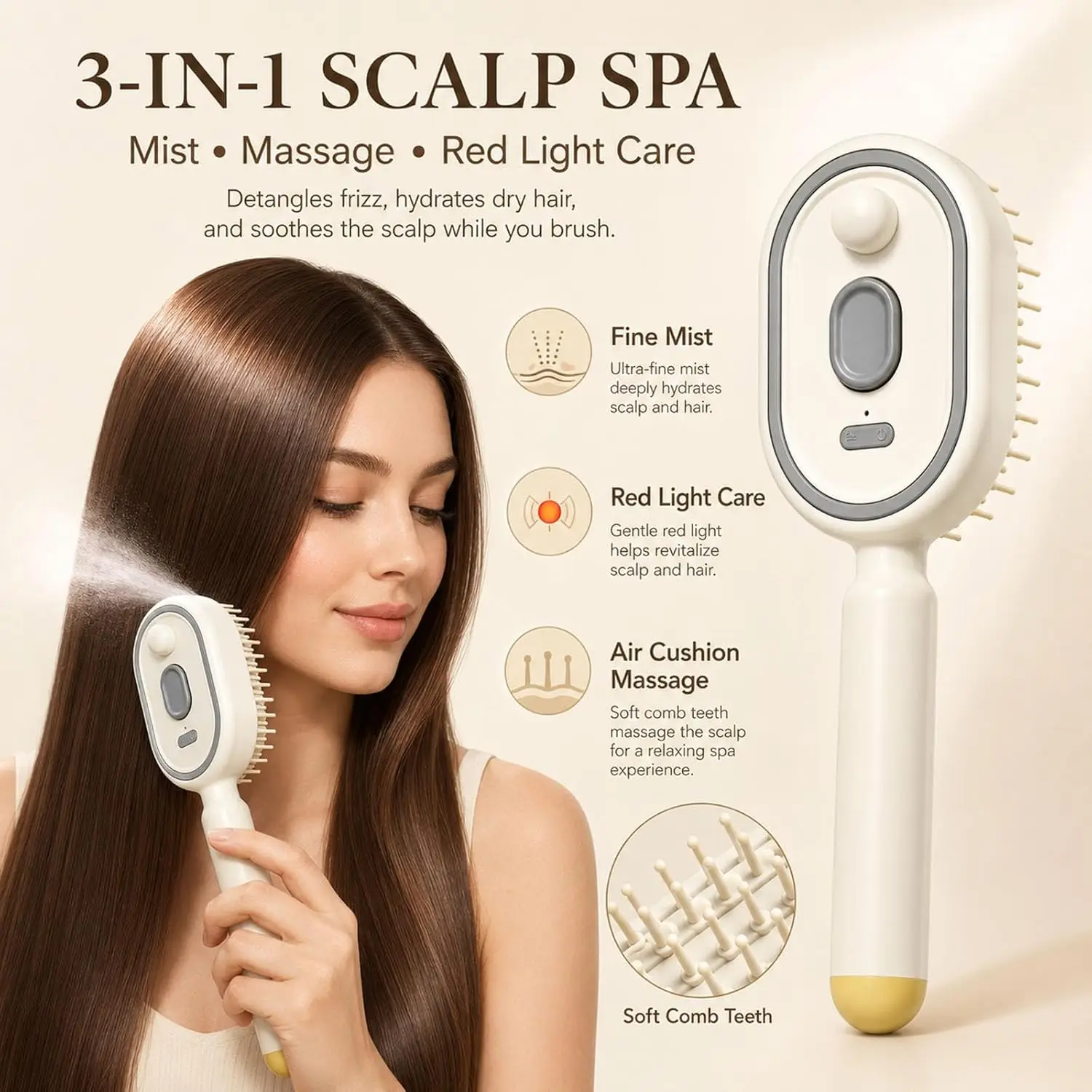 

3-in-1 Electric Spray Hair Brush with Red Light Care One-Click Self Cleaning Air Cushion Massage Comb for Detangling Hair