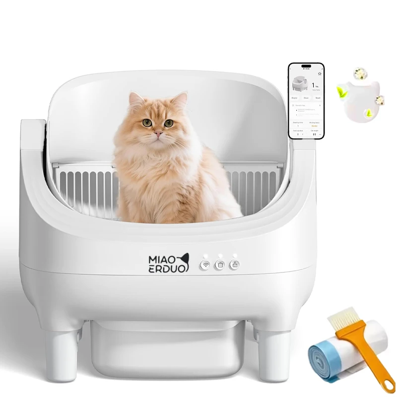 MIAOERDUO Bac à litière autonettoyant 75L, avec WiFi 2.4G, détection infrarouge, capteurs de sécurité, surveillance en temps réel via application, poubelle de 10 L pour plusieurs chats