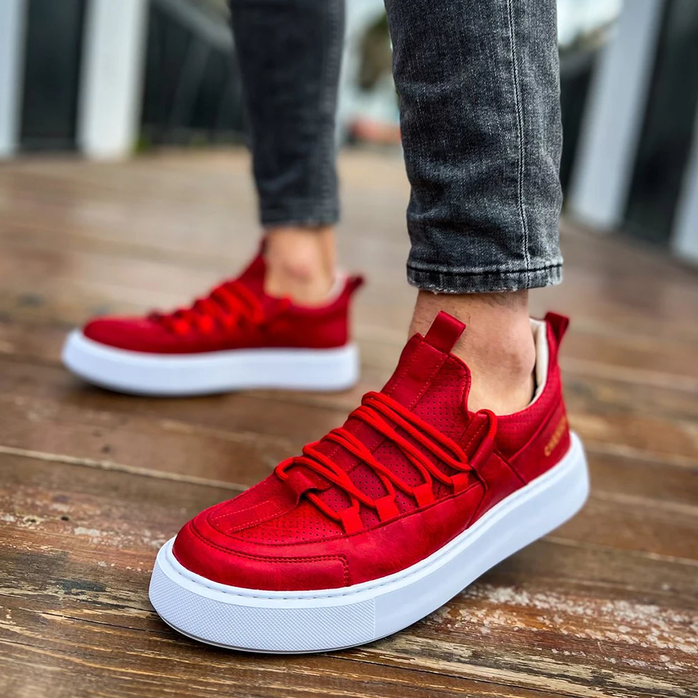 FOH Store Sneakers for Men RED Artificial Leather 2023 Spring Autumn Casual Lace Up Fashion Shoes High Base Sport Comfortable Light Vulcanized Daily Original Canvas Odorless Orthopedic Suits Office Wedding 159