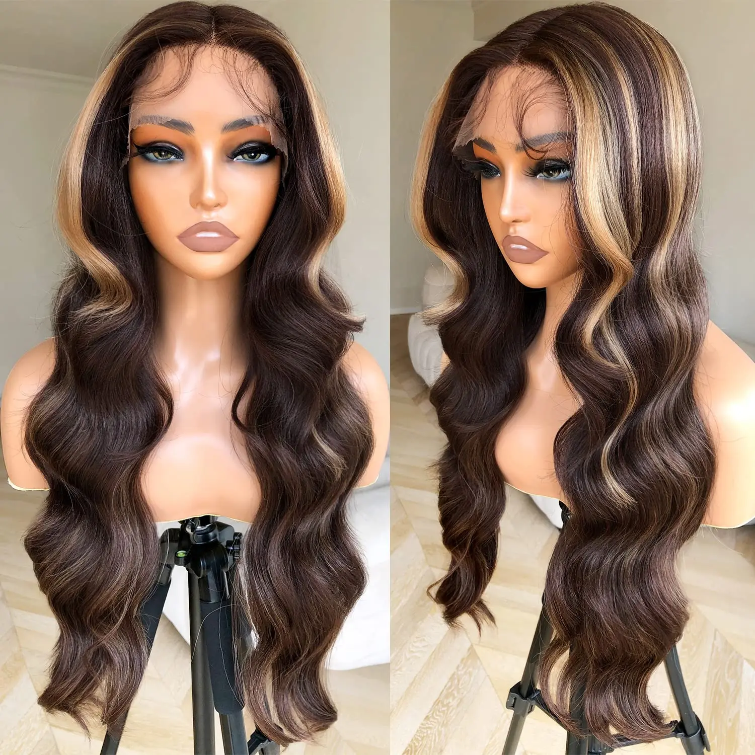 

Highlight Lace Front Wigs Synthetic Brown Body Wave Lace Frontal Wig Synthetic Lace Wig Omber Blonde Highlight With Baby Hair