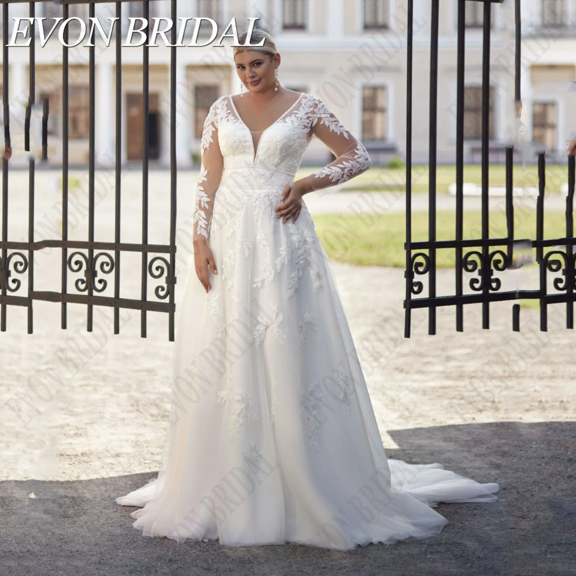 EVON BRIDAL-Robe de Mariée à Manches sulf, Col en V, Grande Taille, Appliques en Tulle, Ligne A, Balayage, Traîne, Élégante, Sur Mesure,