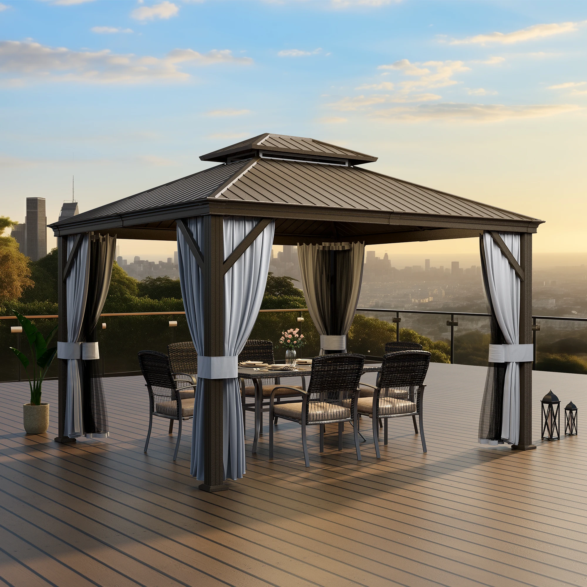 10'x12' Hardtop Gazebo Aluminum, Double Roof Canopy with Netting and Curtains,2-Tier Hardtop Gazebo with Galvanized Iron Aluminu