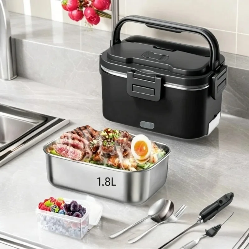 1,8L Elektrische Heiz-Lunchbox für Auto & Zuhause, Wasserfreie Schnellheizung Edelstahl Speisenwärmer, Tragbare Selbsterhitzende Bento-Box für Büro & Reisen