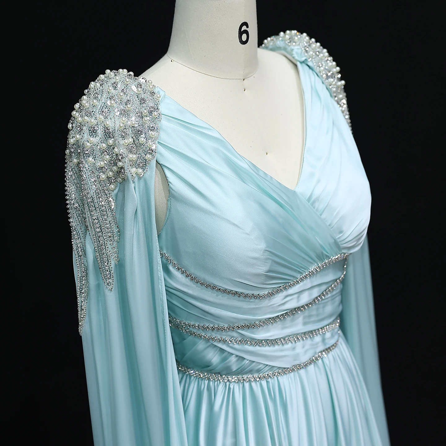 Sharon Said Luxury Crystal Rose Gold Evening Dress with Cape Elegant V-Neck Turquoise Women Wedding Party Gown SS589 Customized image 6