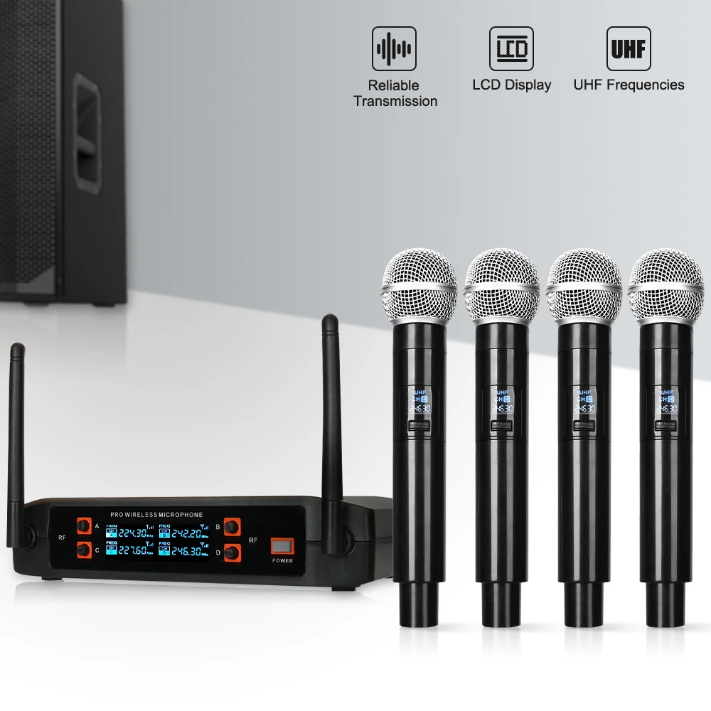 UHF 4 Channel Wireless Microphone System with 2 Cordless Handheld Mics Lavalier Headset Mics 328 Ft for Karaoke Party Wedding