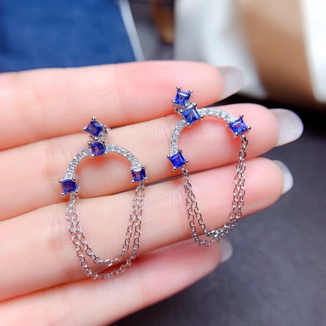 Jewelry Women's Natural Gem Earrings 925 Pure Silver Electroplated 18K White Gold 3x3mm Sapphire Gift for Girlfriend's Wedding