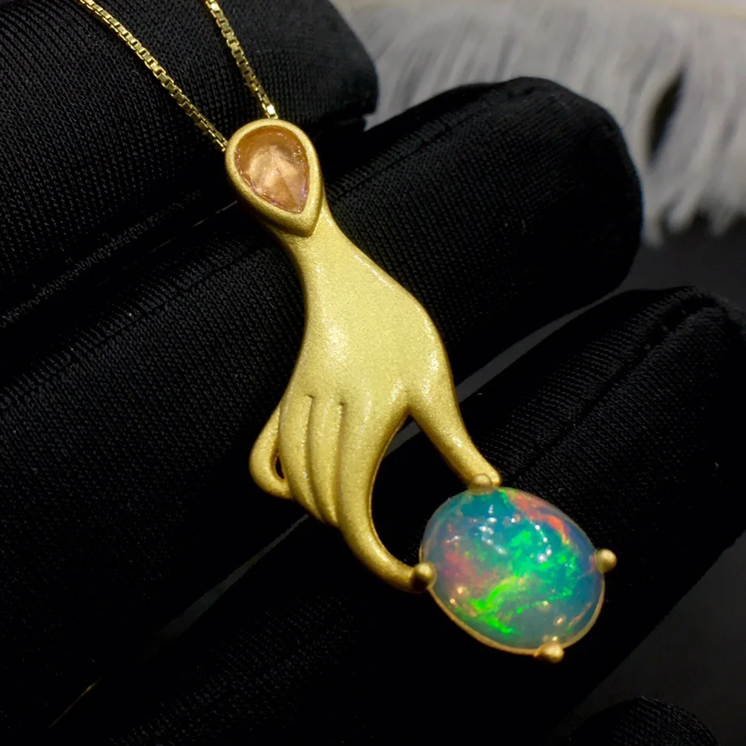 KJJEAXCMY Girls' Jewelry 8x10mm Natural Colored Handheld Opal Necklace Pendant 925 Pure Silver Plated 18K Gold Clearance Sale