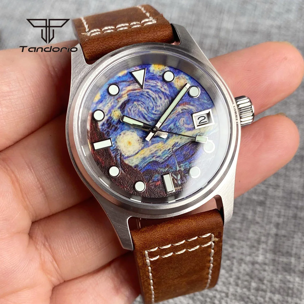 Tandorio Pilot Style NH35 Starry Sky Dial Automatic Dive 36mm Men's Watch 20atm Date Full Luminous Mechanical Wristwatch Leather