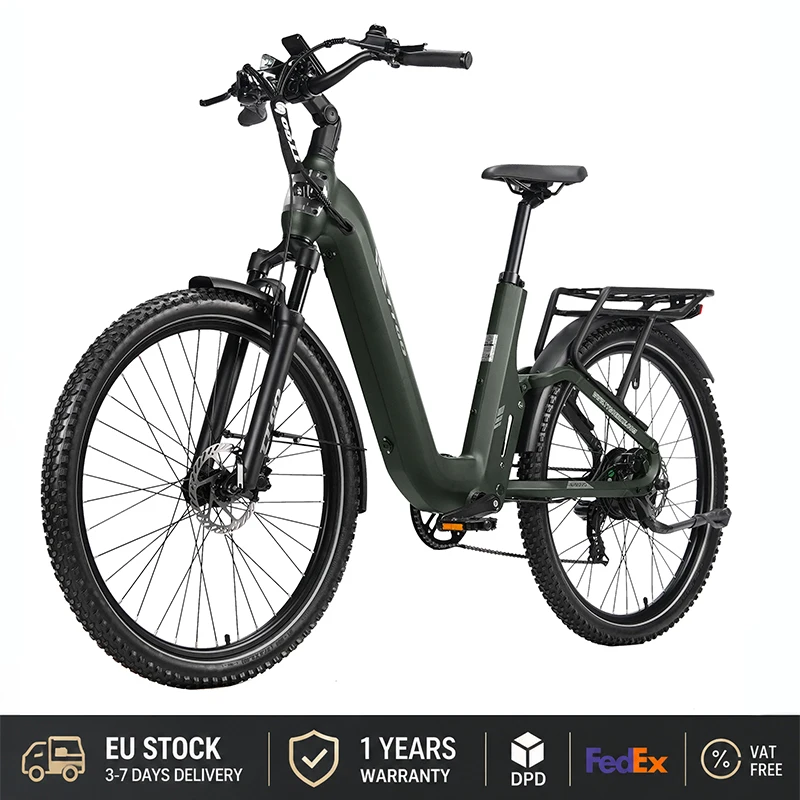 Ttgo E-Suvo, bicicletta elettrica da città con ruote da 27,5", motore da 250 W, batteria da 48 V e 15 Ah, autonomia fino a 120 km, dotata di sospensioni anteriori e freni a disco idraulici.