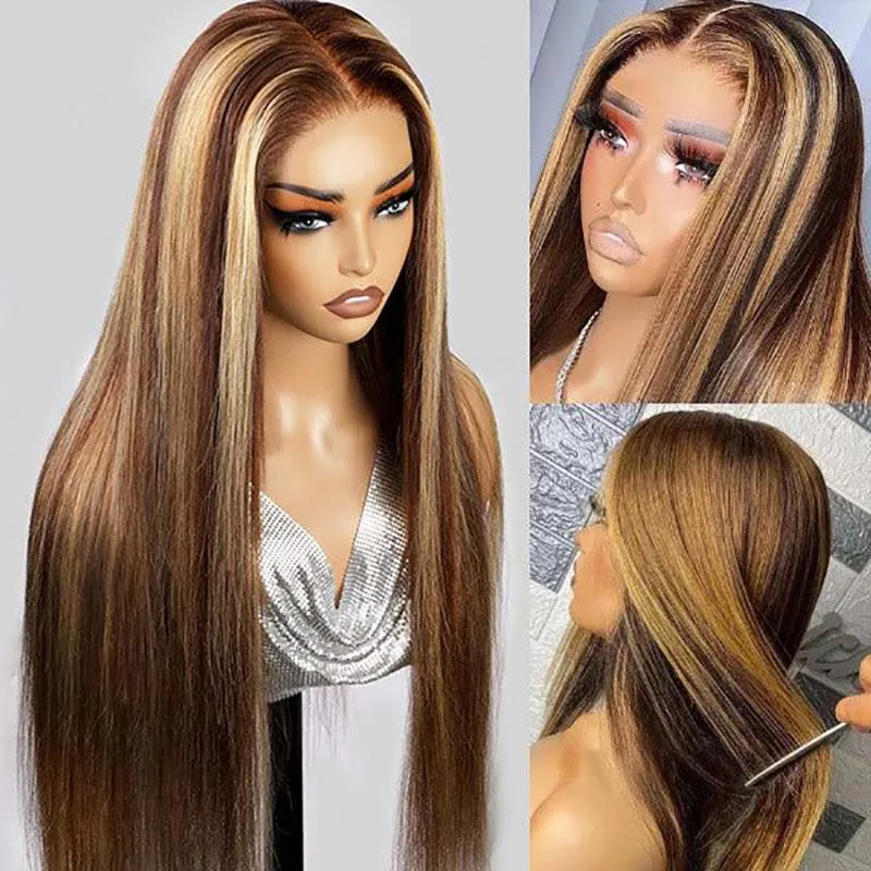 30 Inch Highlight P4/27 Straight Human Hair Wig 13x6 Transparent Lace Frontal Wigs Human Hair Pre Plucked With Baby Hair image 3