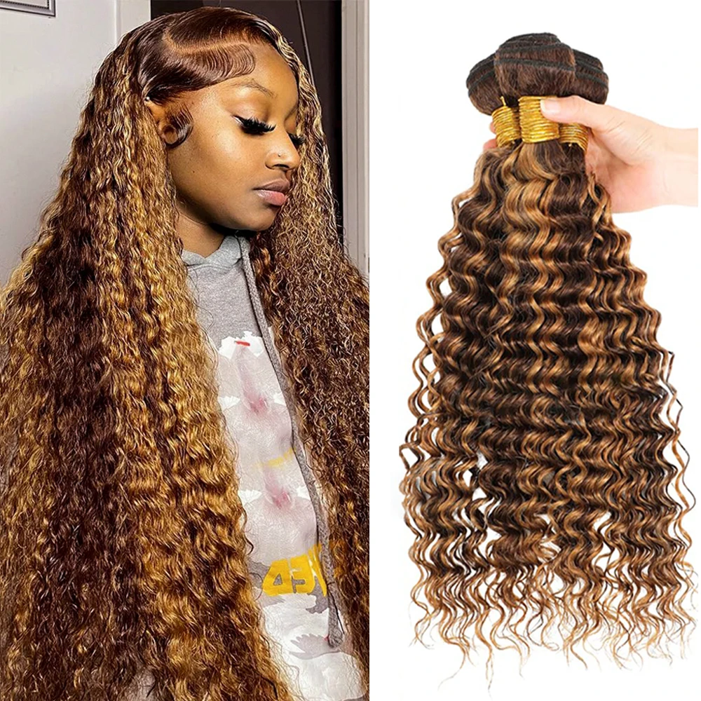 

30-дюймовые бразильские пучки человеческих волос с глубокими волнами P4/27, цветные вьющиеся пучки, плетение человеческих волос, пучок Remy, наращивание