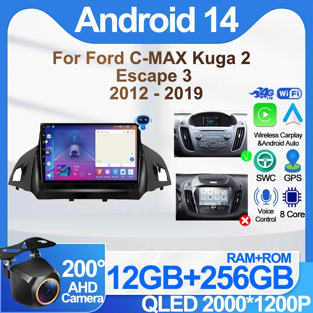 Car Radio For Ford C-MAX Kuga 2 Escape 3 2012 - 2019 Carplay GPS Navigation Android Auto Touch Screen Stereo Video No 2din DVD