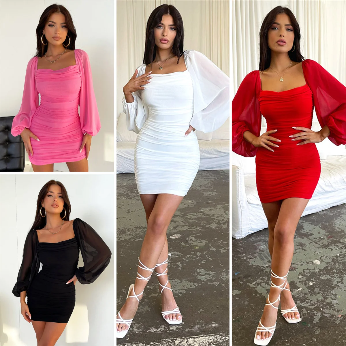 

Chiffon Square Collar Mini Evening Dresses Long Sleeve Backless Elegant Prom Gowns With Pleats Sexy Bodycon Illusion Party Dress