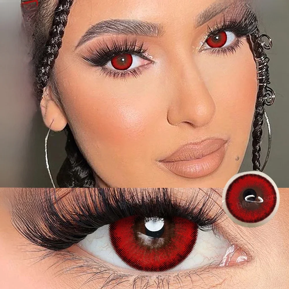 Lentilles de contact bio-essence 2 pièces lentilles de contact colorées lentilles rouges cosplay 1 an lentilles de beauté de couleur de mode lentille d'oeil mignonne de fête