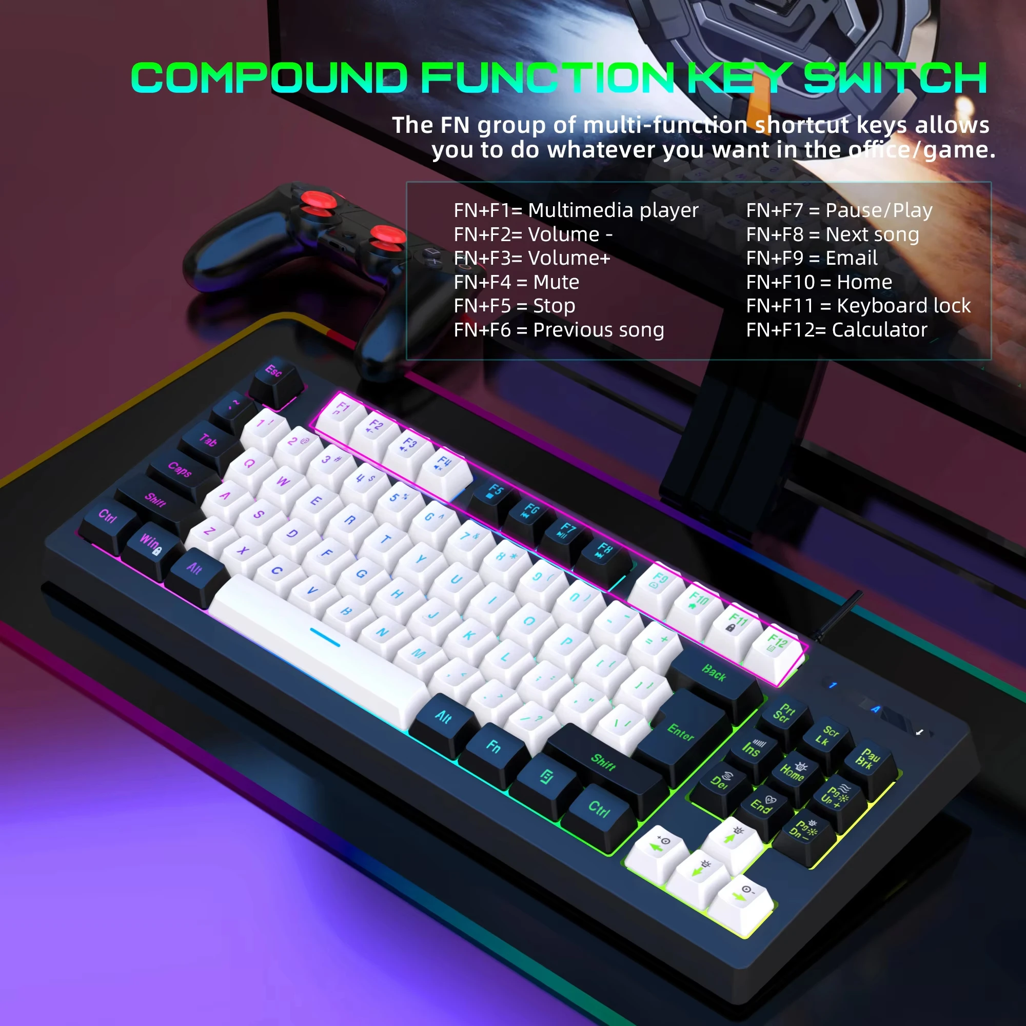 

G69 87-клавишная игровая клавиатура: эргономичная проводная USB-клавиатура, RGB-подсветка — мембранный АБС-пластик для настольного компьютера/ноутбука
