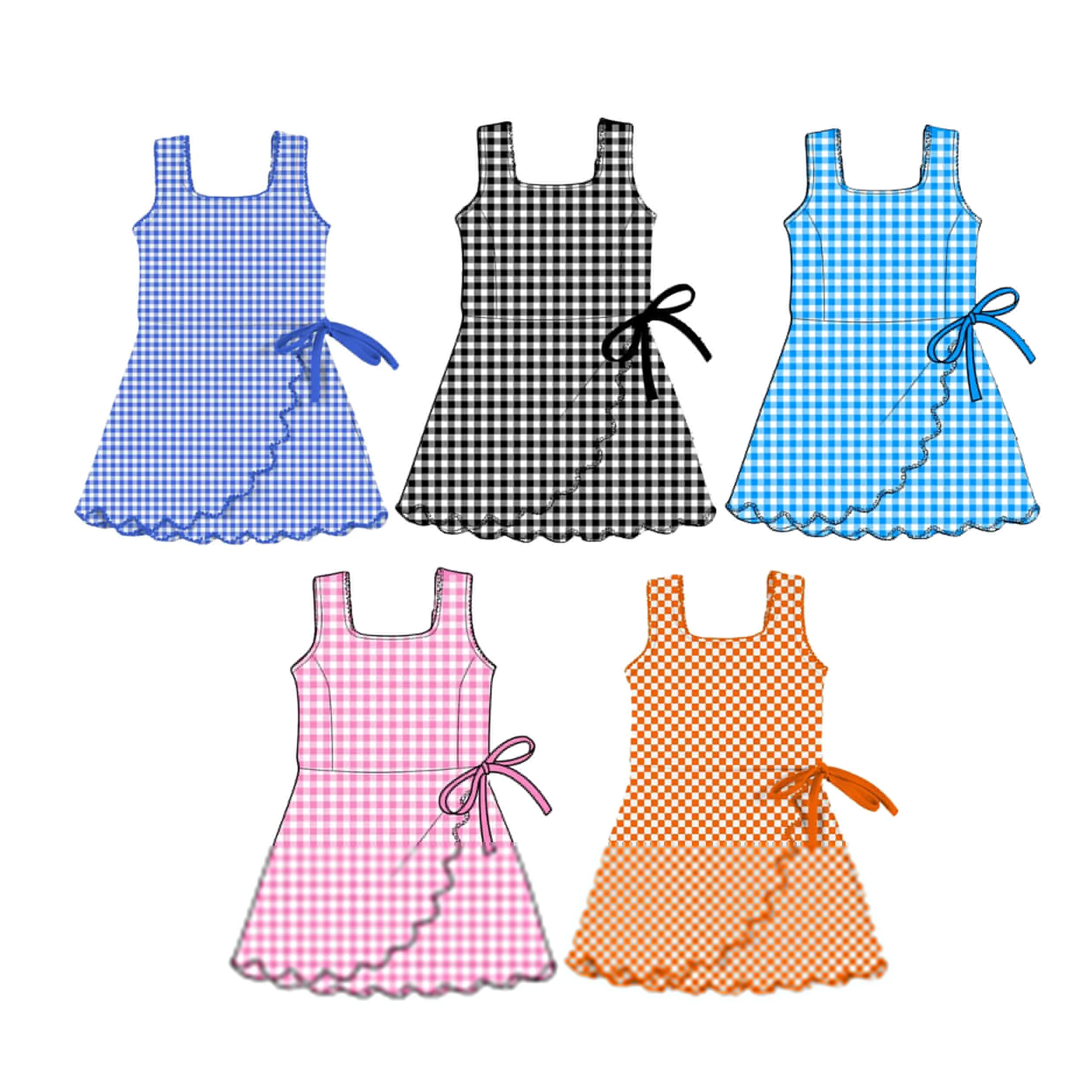 Boutique Children's Set 5-Piece Girl Dress Set Checkered Print Halter Dress Bow Girls' Clothing Baby Summer