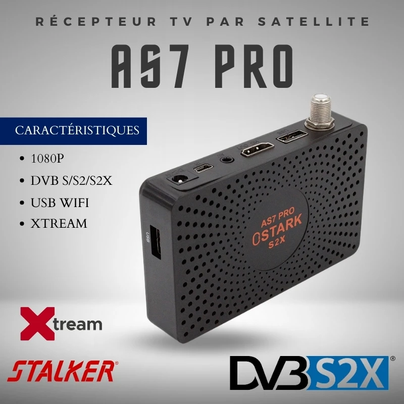 Satellite TV Receiver, OSTARK AS7 PRO, DVB-S/S2/S2X, T2MI, USB WIFI Included, 265HEVC, FULL HD 1080P , xtream, stalker