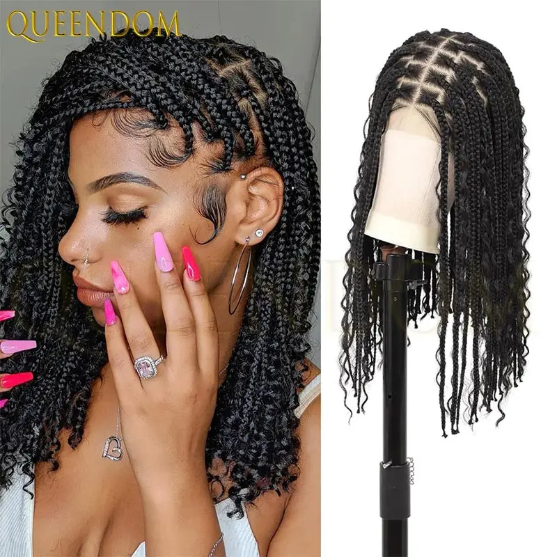 

12" Short Boho Knotless Box Braid Wig for Black Women Synthetic Full Lace Curly Hair with Baby Hair