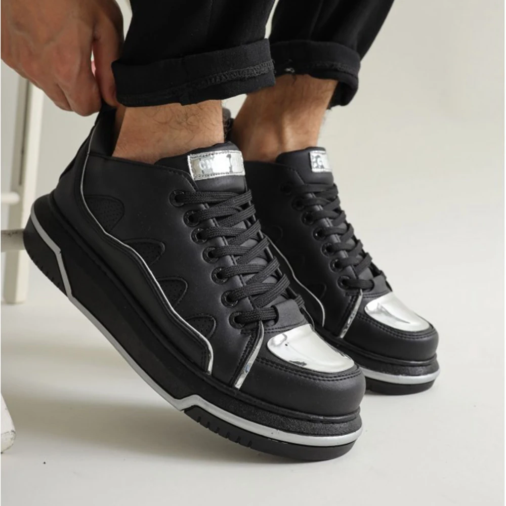 

FOH Store Sneakers for Men Women Black Silver Artificial Leather 2023 Spring Autumn Casual Lace Up Fashion Shoes High Base Sport Comfortable Light Vulcanized Daily Original Odorless Orthopedic Suits Office Wedding 183