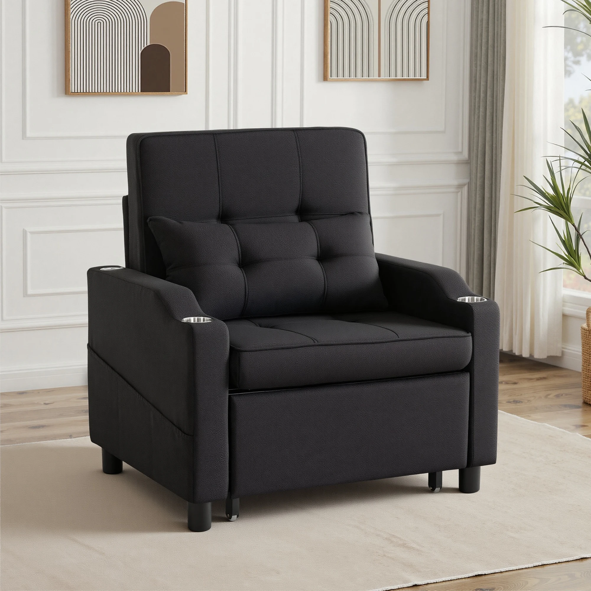 Black Multi‑Functional Recliner Sleeper Chair, Single Convertible Sofa Bed with 5‑Position Adjustable Backrest, Cup Holder & USB Port & Side Pocket for Small Space Home Furniture