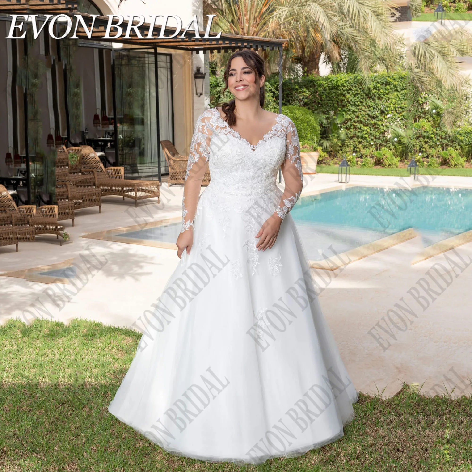 EVON BRIDAL Oversize Wedding Dresses Long Sleeves Backless A-Line Civil Bride Gowns Applique Tulle V-Neck Robe De Mariée 2024