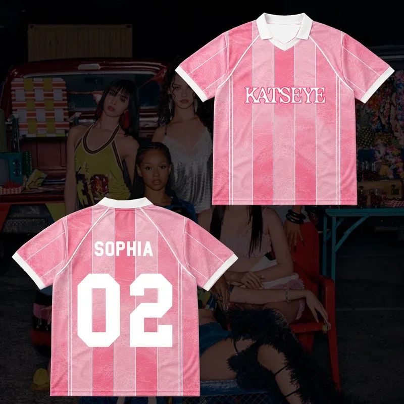 Kpop KATSEYE The Wildworld Tour Jersey Radiant Winged Neck Pink Striped Shirt Fan Concert Gift Unisex Casual Top For Kids Adults