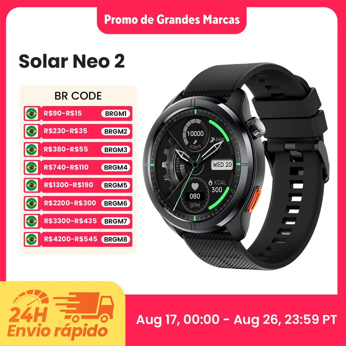 Smartwatch HAYLOU Solar Neo 2 com Chamadas de Voz, Tela AMOLED HD de 1.43'', Monitoramento de Saúde 24h, 150+ Modos Esportivos, Smartwatch 1ATM