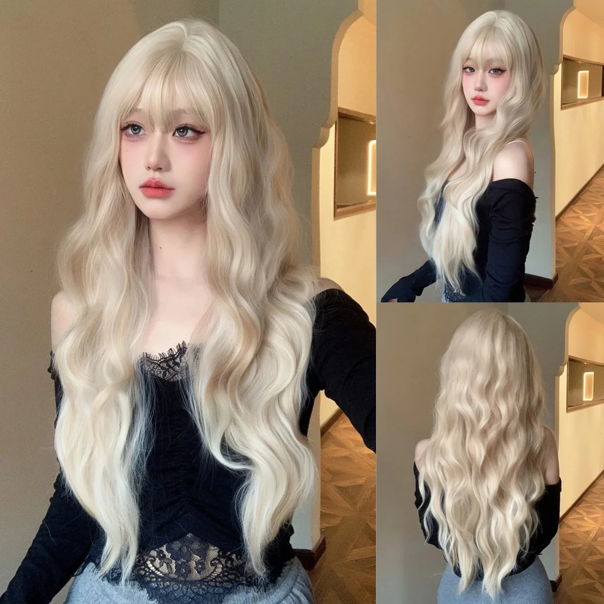 Platin 613 Blonde Perücke, lange gewellte synthetische Perücke mit Pony, lockig, gemischt, golden, für Frauen, Cosplay, Party, täglicher Gebrauch, hitzebeständig