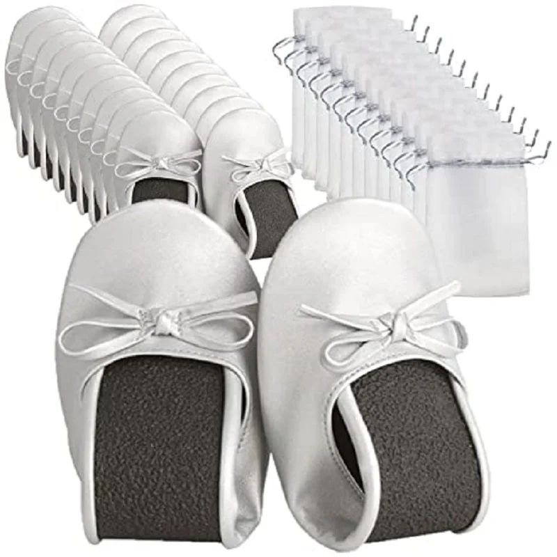 30 Pack Foldable Foldable Wedding Ballerinas, Leather Elastic Heel, Serving Assorted Size 35 to 40, Includes Organza Bags