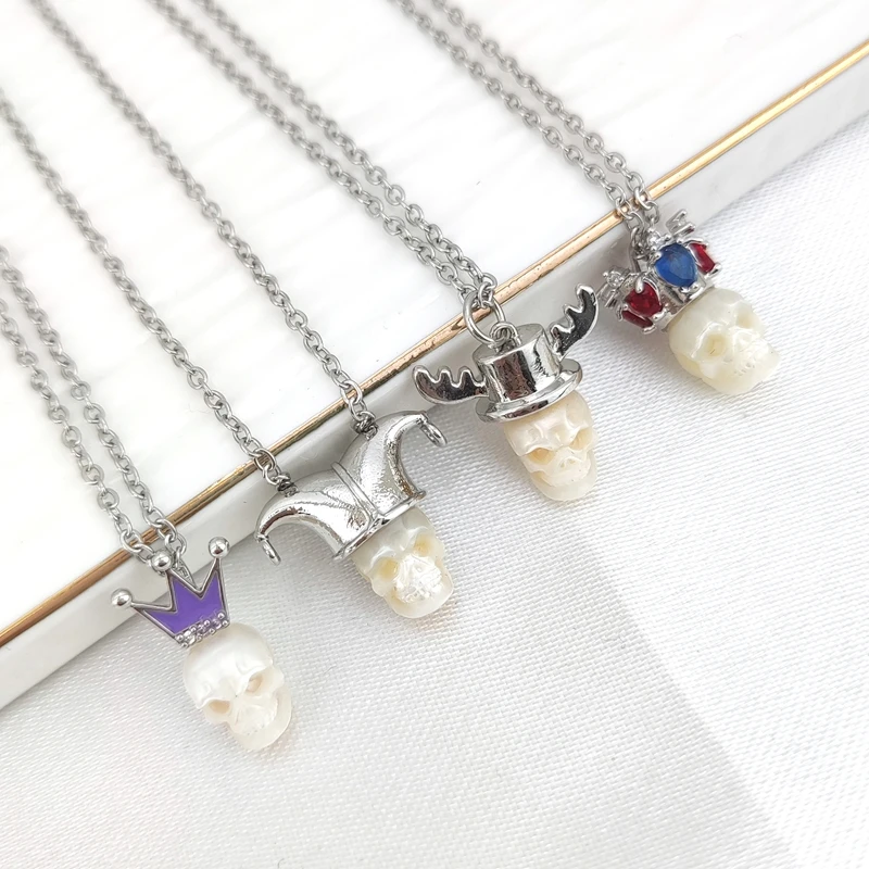 Gothic Jewelry Handcarved Freshwater Pearl with Clown Hat /Crown Sliver Color Necklace For Men Women Party Gift