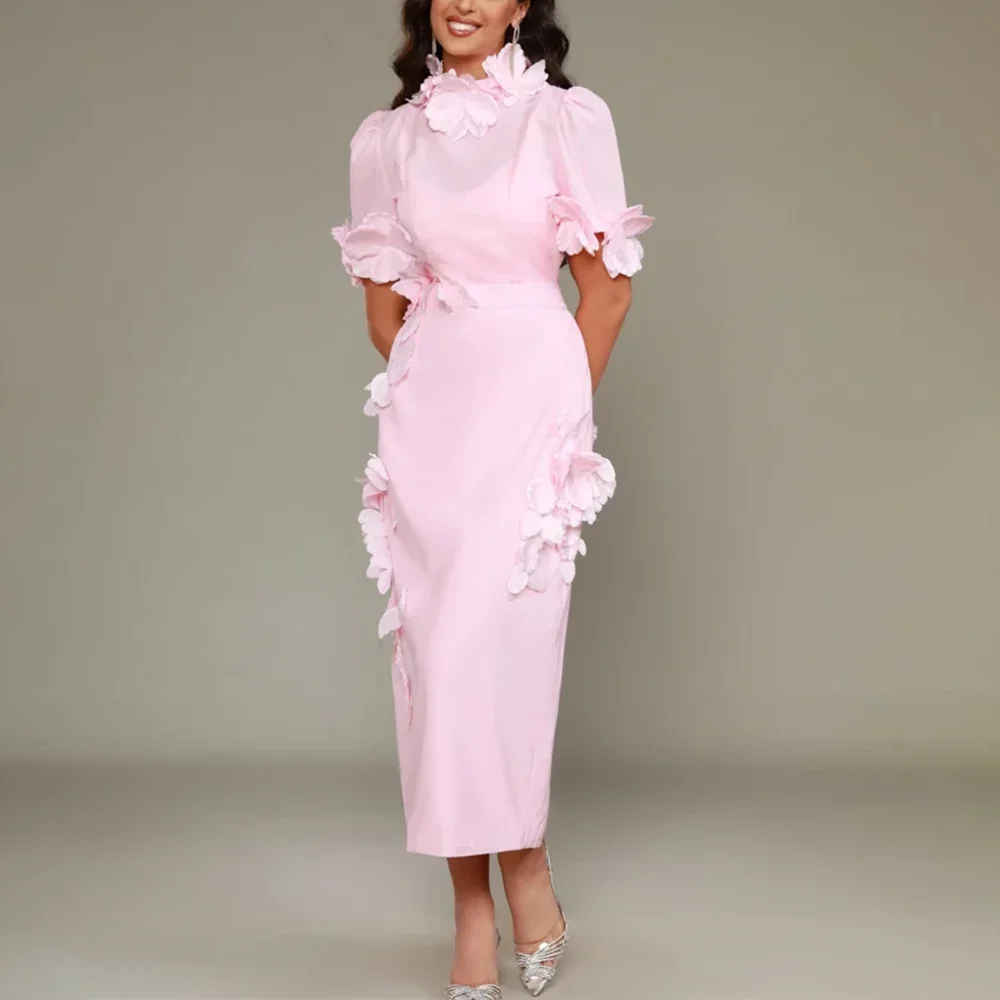 Roze Bloemen Prom Jurken voor Vrouwen Mode Hoge Kraag Korte Mouwen Schede Jurken Formele Avond Bruiloft Jurken 2025 - afbeelding 2