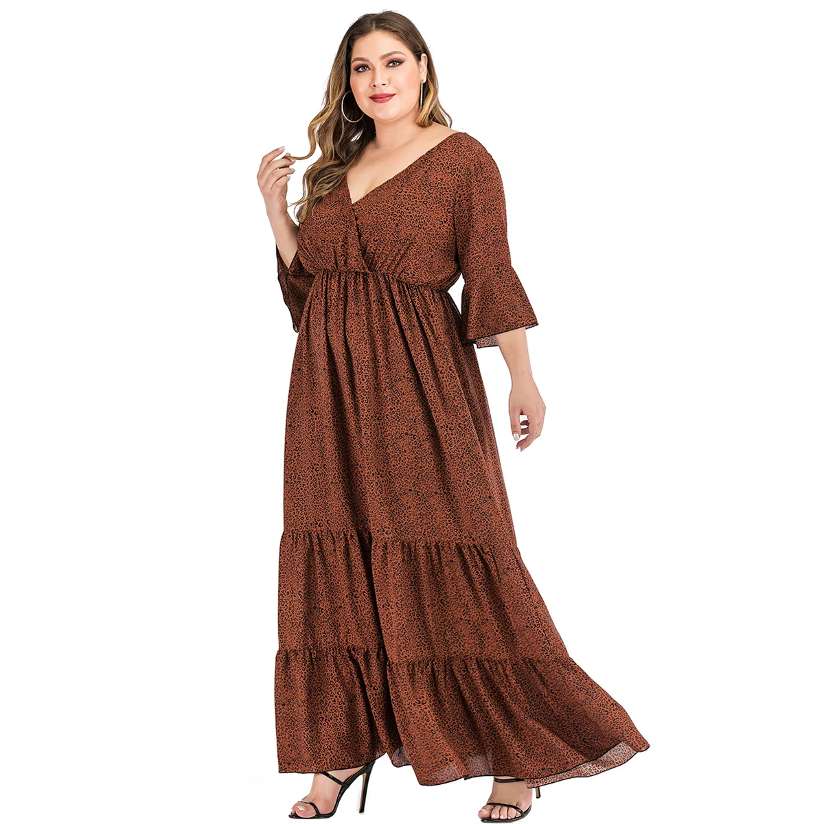 5XL 6XL Plus Size Dress Women Summer V Neck Flare Sleeve Leopard Print Boho Beach Dress Ruffles High Waist Maxi Long Dresses