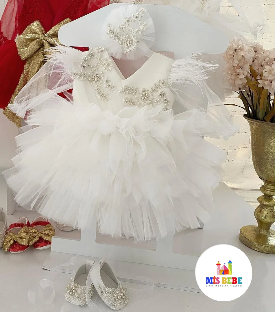 3-Pcs Dress hair Clip Shoes White Baby Girl Tutu Dress Toddler Princess Dress Fairy Tulle Girl Puffy Baby First Birthday Dress