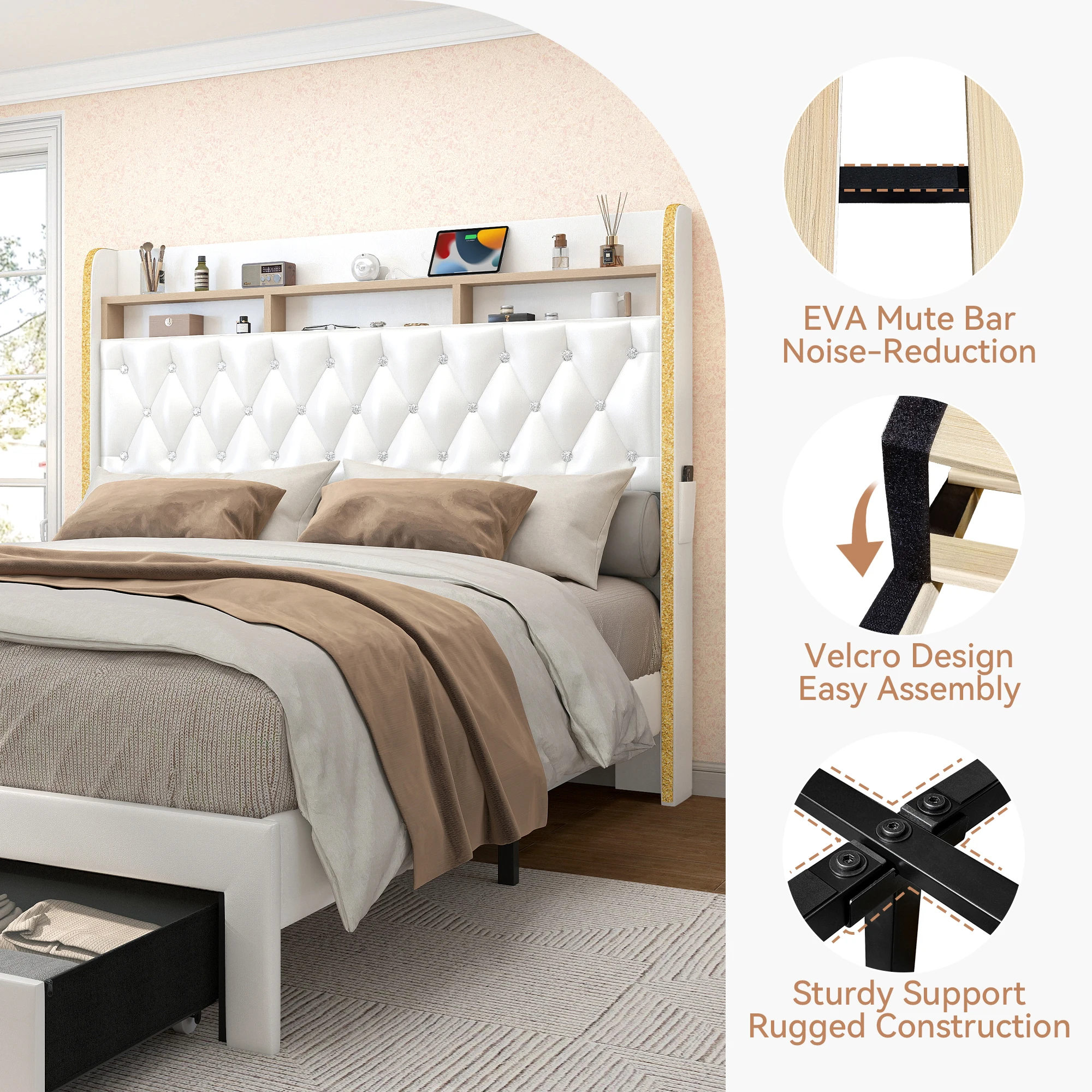 LED Bed Frame with Storage Drawers, Star Projector, Charging Station & Speaker, PU Leather/Velvet Platform, Noise-Free 6