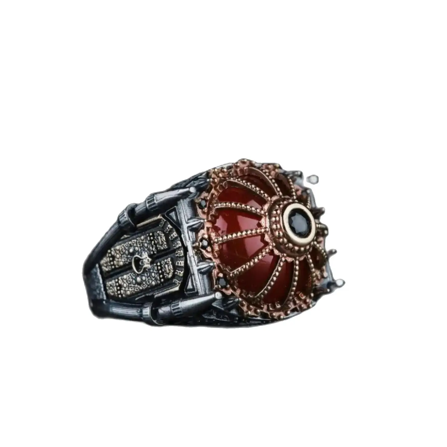 

Red Agate Stone Mosque Model Domed Silver Ring with Surah An-Nisa Verse 103 Written, Handmade, Mastercrafted, Unique Rings