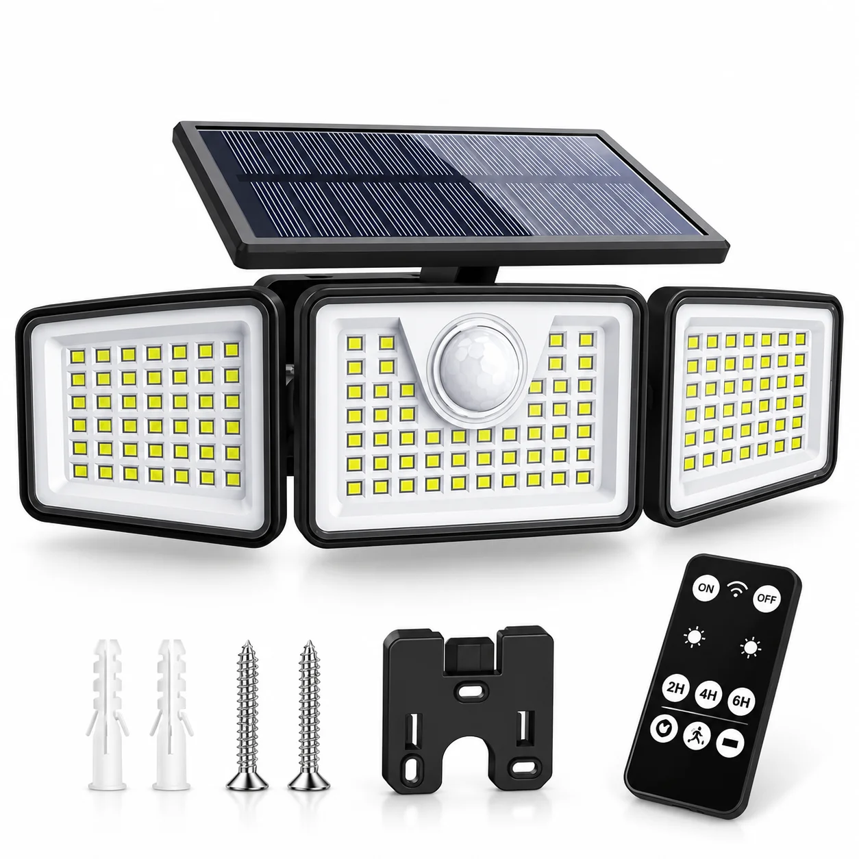 3-Head Solar Motion Sensor Light Outdoor with Remote Control, Adjustable Wide Angle LED Security Flood Light, Waterproof Solar Wall Light for Garage, Yard, Patio, Porch & Garden