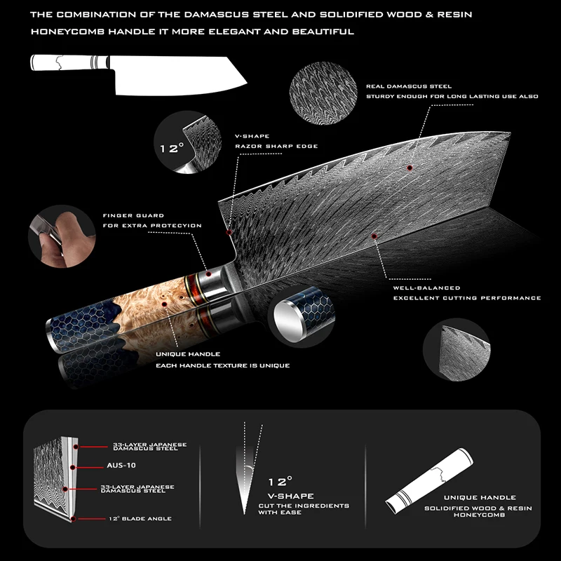 Imagem -04 - Damasco Aço Faca Grupo Chef Japonês Facas de Cozinha Santoku Paring Desosta Faca de Pão Ferramentas de Açougueiro Honeycomb Handle Novo