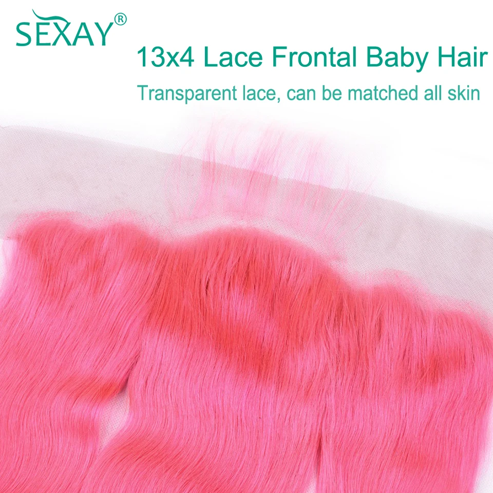 Sexay-Rosa Rosa Colorido Pacotes de Cabelo Humano com Fechamento, Onda Corporal Peruana, Pacotes de Tecer, Transparente HD, 13x4 Lace Frontal