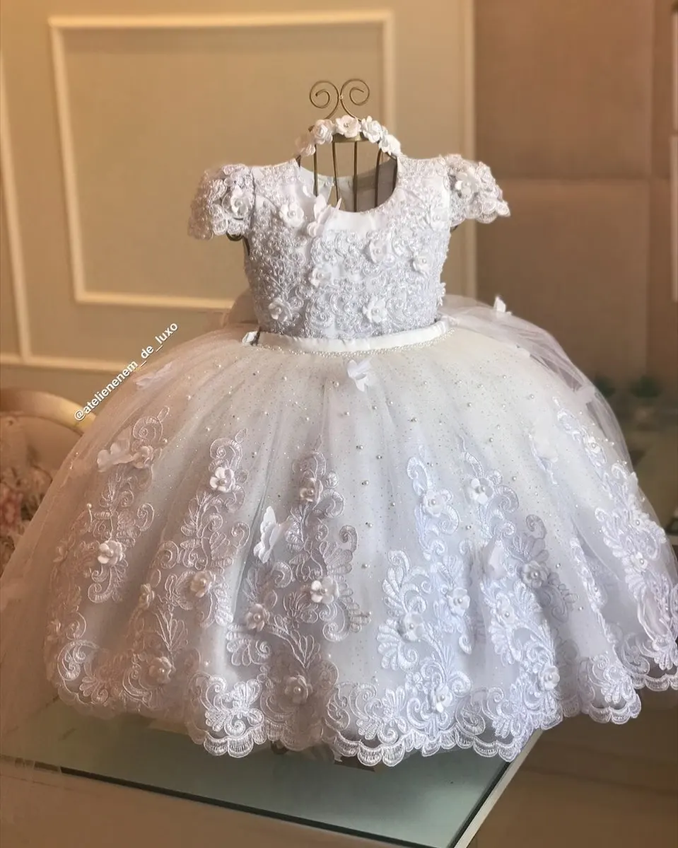 White Applique Flower Girl Dresses For Photoshoot Ball Gown Litter Kids Pageant Gown Birthday Party First Communion Dress