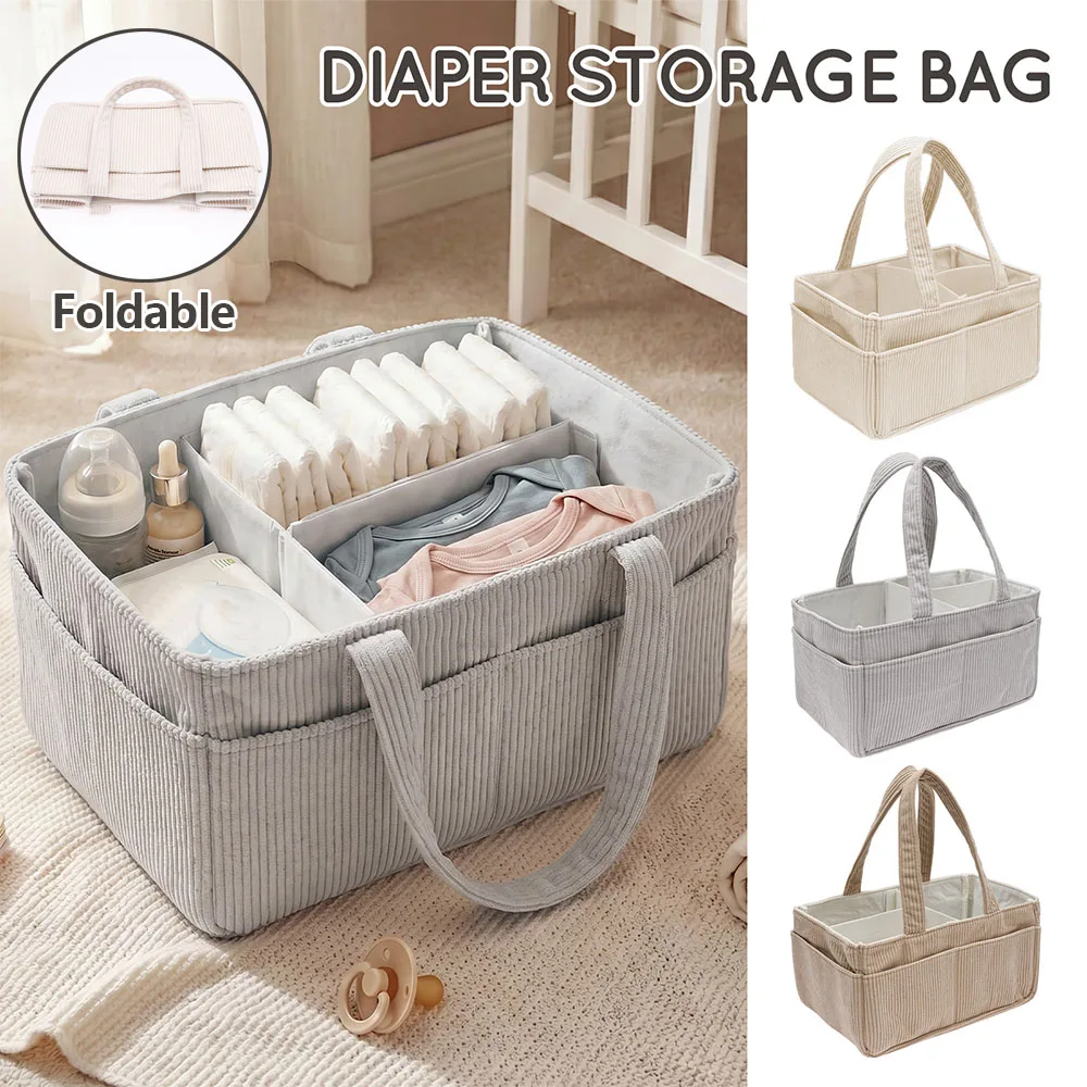 

Portable Baby Diaper Caddy Organizer Soft Corduroy Storage Basket with Handle Foldable Multi-pocket Newborn Nappy Toy Organizer