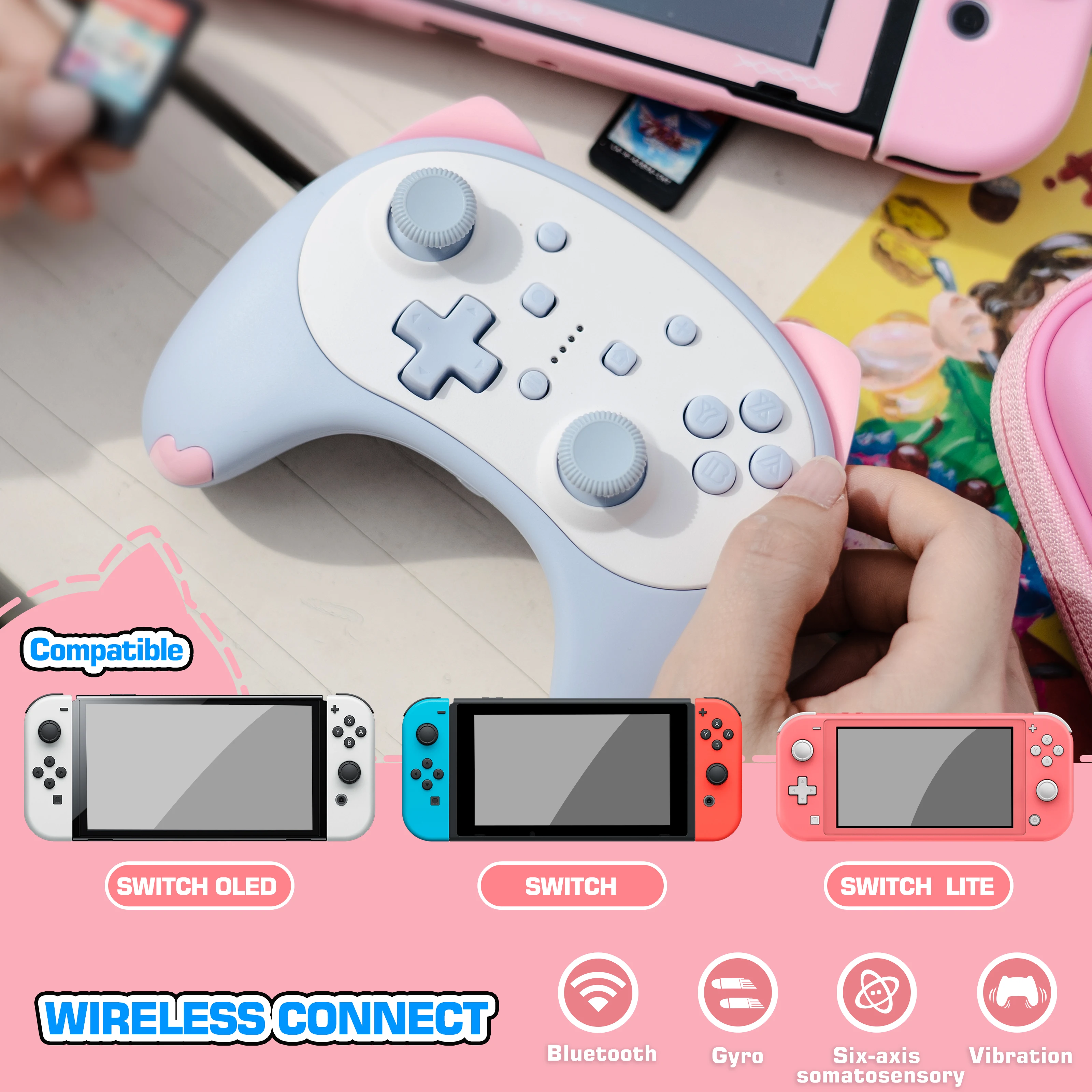 IINE-controlador inalámbrico de voz para Nintendo Switch, dispositivo de audio con gatitos de dibujos animados, Compatible con Nintendo