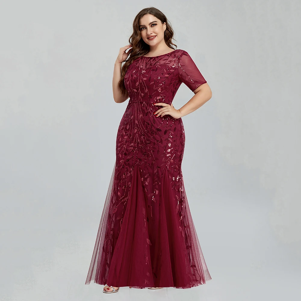 2023 plus size lantejoulas malha sereia vestido de noite fino frisado folhas padrão formal feminino elegante festa de formatura vestidos manga curta