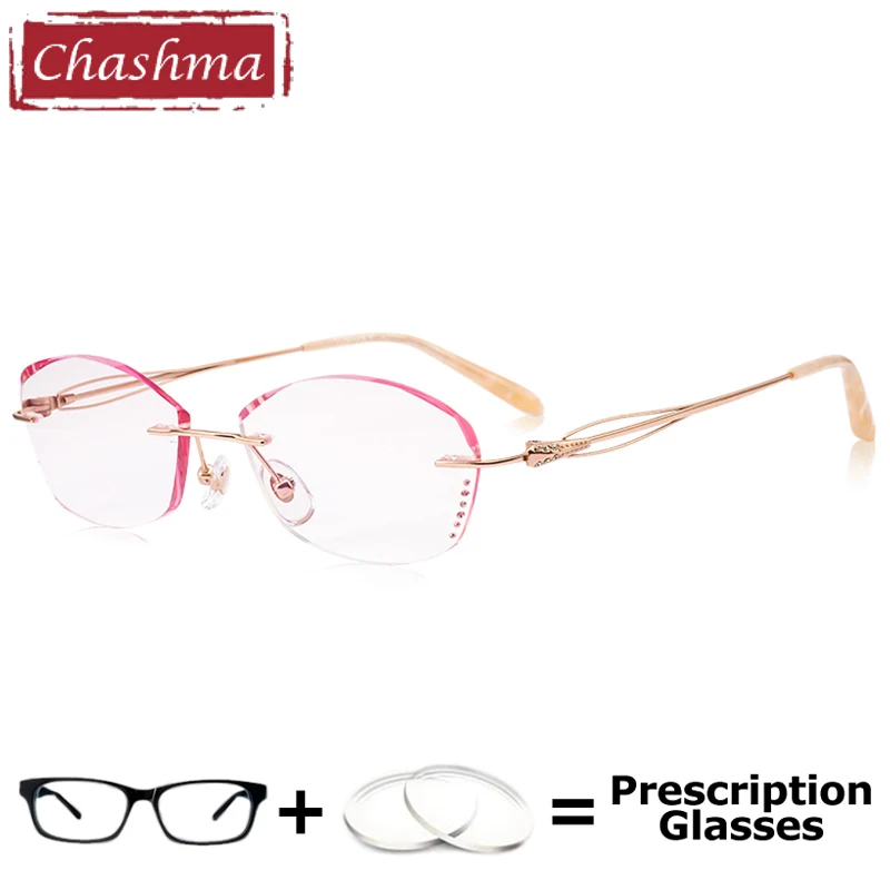 Chashma Fashion Women Pure Titanium Rimless Prescription Ready Eyeglasses Diamond Trimmed Glasses Female Stylish Spectacles