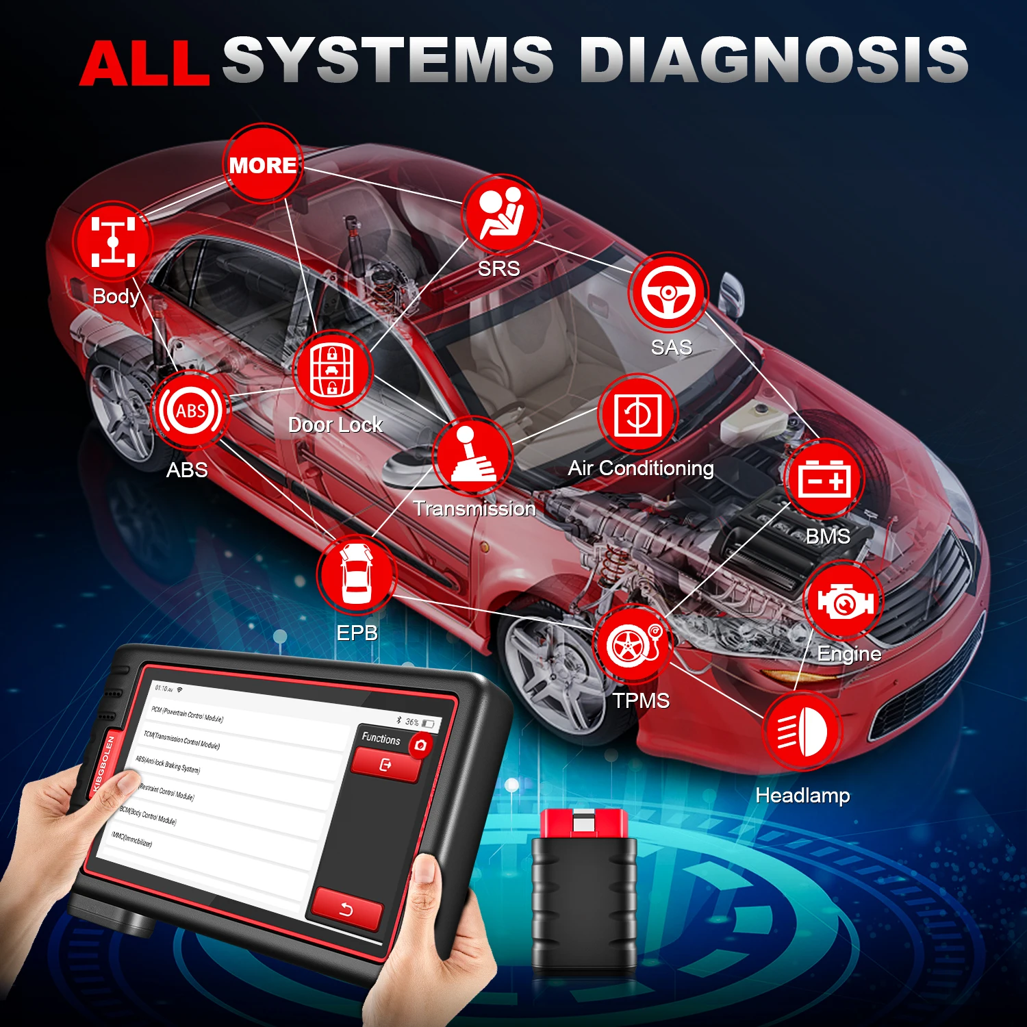 Kingbolen S6 OBD2-scanner, Bluetooth Alle systeemcodelezer Autodiagnosetool, Auto-VIN 28+ Onderhoud SAS/BMS/TPMS Scantool