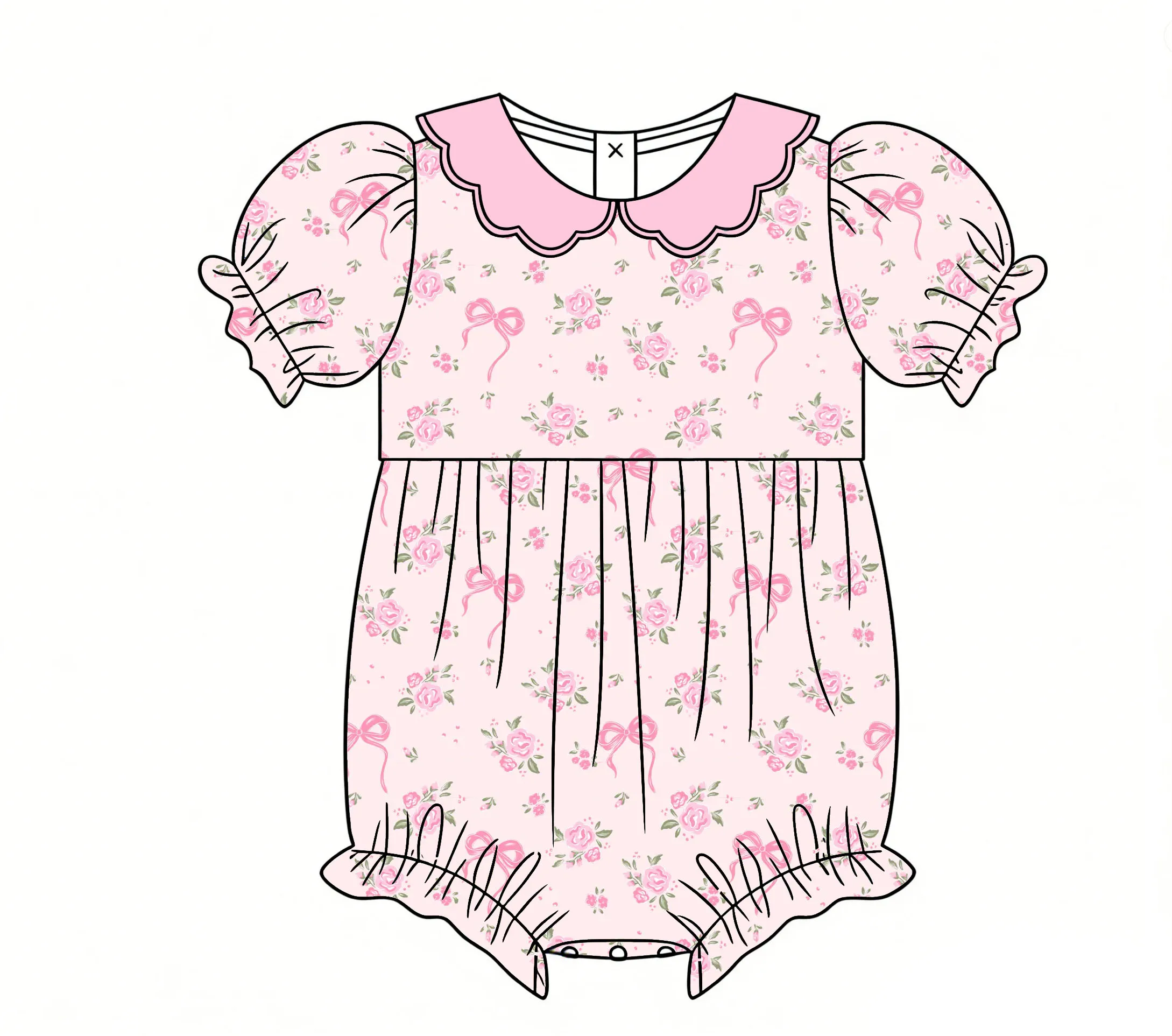 

Boutique Children's Romper Featuring Peter Pan collar puff sleeves and ruffled trim adorned floral and bow print suitable kids