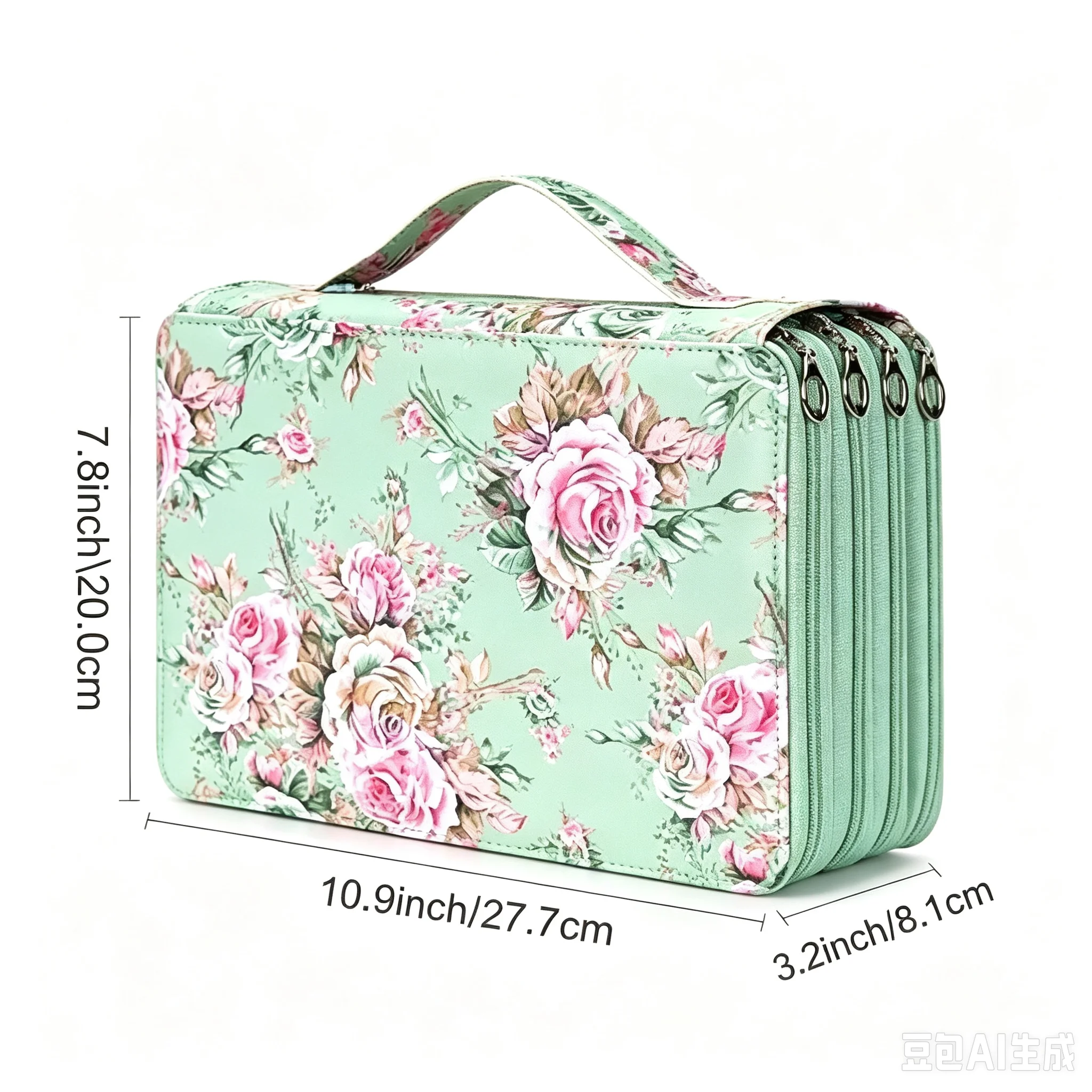 200 Slots Pencil Case, 4-Layer Large Capacity PU Leather Pen Case with Handle, Green Rose Pattern Stationery Organizer for Colored Pencils, Markers, School and Office Supplies