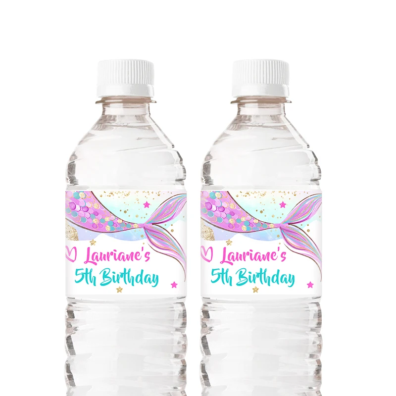 Personalized Mermaid Birthday Water Bottle Labels, Juice Label for Girl Birthday Party Decorations, Waterproof, 8 