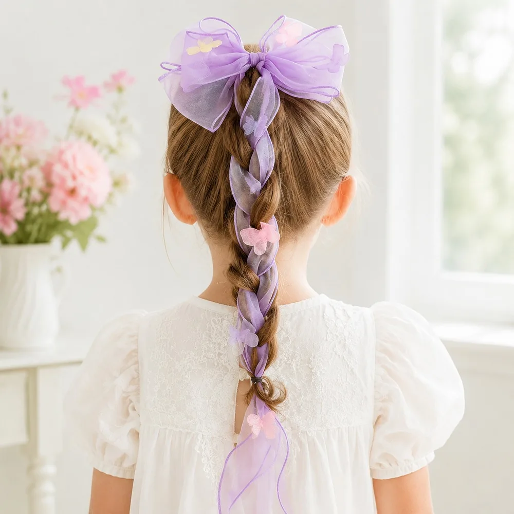Girls Butterfly Hair Bow Ribbon Clip Cute Organza Bowknot Hair Accessory Kids Princess Braid Decoration Sweet Gift