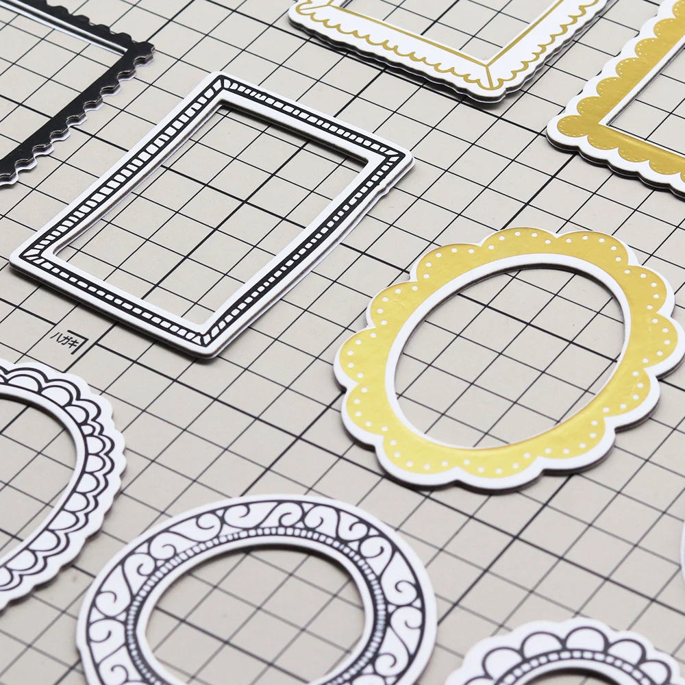 Kreative Goldfolien-Journaling-Rahmen-Aufkleber, hohle quadratische, ovale und runde Chipboard-Scrapbooking-Rahmen-Aufkleber, Verzierungen – Detail 4